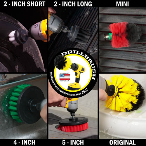 Action shots of a Medium Yellow Original Drillbrush cleaning a shower shelf, a Soft White 2 inch Short Drillbrush cleaning a tire, a Medium Green 4 inch Drillbrush cleaning the walls of a sink, an Ultra Stiff Black 2 inch Long Drillbrush cleaning grill grates, a Stiff Red Mini Drillbrush cleaning shutters, and a Stiff Red 5 inch Drillbrush cleaning deck stairs.