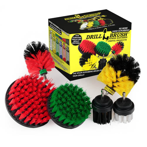 The Drillbrush 542OMS-2L Variety Brush Kit in front of the box it comes in.