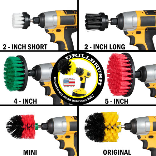 Images of the Drillbrush Soft White 2 inch Short, Ultra Stiff Black 2 inch Long, Medium Green 4 inch, Medium Yellow Original, and Stiff Red Mini and 5 inch Variety Brushes in cordless drills.