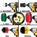 Images of the Drillbrush Soft White 2 inch Short, Ultra Stiff Black 2 inch Long, Medium Green 4 inch, Medium Yellow Original, and Stiff Red Mini and 5 inch Variety Brushes in cordless drills.