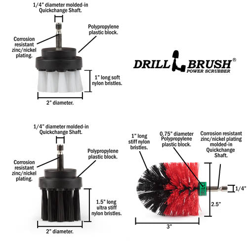 Specs for the Drillbrush Soft White 2 inch Short, Ultra Stiff Black 2 inch Long, and Stiff Red Mini brushes.
