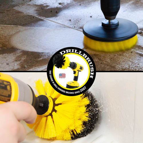 Action shots of a Medium Yellow Original brush cleaning a shower shelf and a Medium Yellow 5 inch Hex Drillbrush cleaning dirt-covered tile.