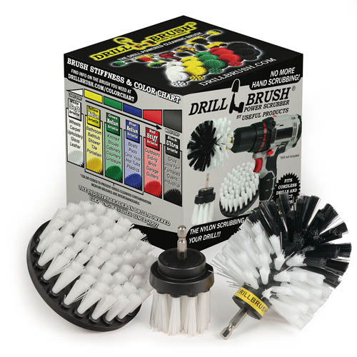 The Drillbrush 4OS-2L Soft White Home & Auto Brush Kit in front of the box it comes in.