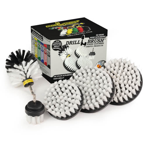 The Drillbrush 5542O Soft White Home & Auto Brush Kit in front of the box it comes in.