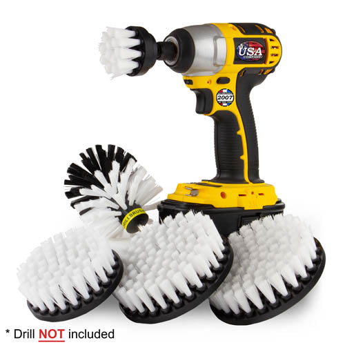 Drillbrush 5542O Soft White Home & Auto Brush Kit with a 2 inch Short brush in a cordless drill.