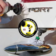 Action shots of a Soft White 2 inch Long Drillbrush cleaning trim and a Soft White Mini Drillbrush a door handle.