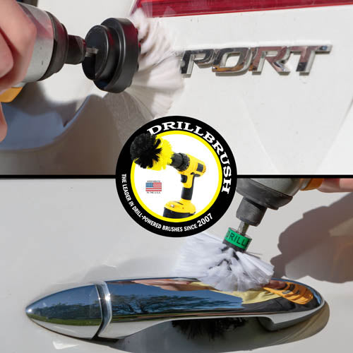 Action shots of a Soft White 2 inch Long Drillbrush cleaning trim and a Soft White Mini Drillbrush a door handle.