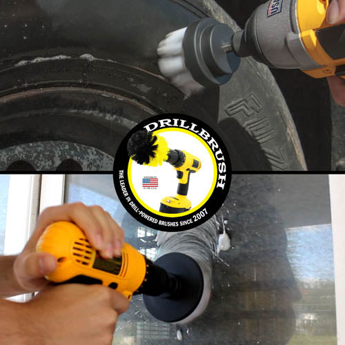 Action shots of a Soft White 2 inch Short Drillbrush cleaning a tire and a Soft White 4 inch Drillbrush cleaning a window.