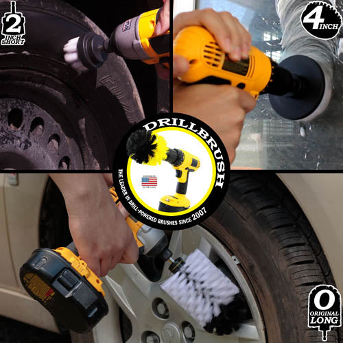 Action shots of a Soft White Original Jumbo brush cleaning rims, a Soft White 2 inch Short Drillbrush cleaning a tire, and a Soft White 4 inch Drillbrush cleaning a window.