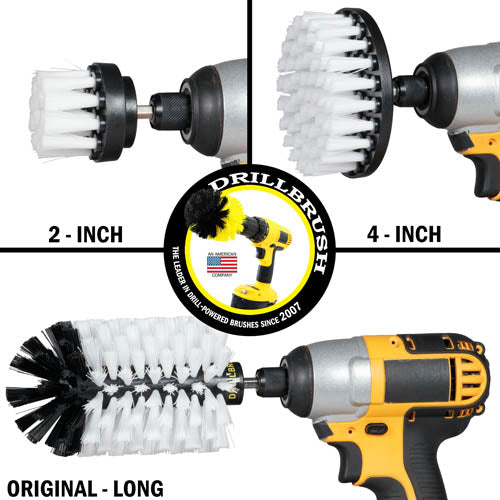 Images of the Drillbrush 2 inch Short, 4 inch, and Original Jumbo Soft White Home & Auto Brushes in cordless drills.