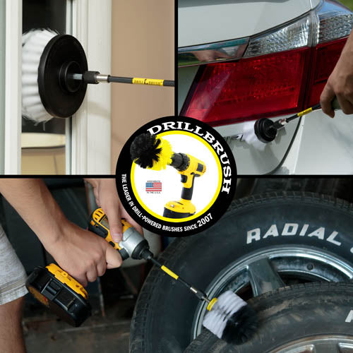 Action shots of a Soft White Original Drillbrush in a 5 inch extension cleaning a tire, a Soft White 2 inch Short Drillbrush in a 5 inch extension cleaning a tail light, and a Soft White 4 inch Drillbrush in a 5 inch extension cleaning a mirror.