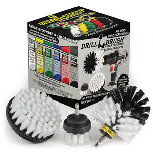 The Drillbrush 42O Soft White Home & Auto Brush Kit in front of the box it comes in.