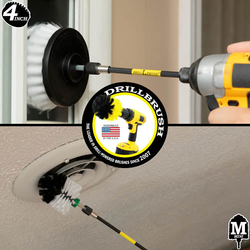 Action shots of a Soft White Mini brush in a 5 inch extension cleaning a ceiling vent and a Soft White 4 inch Drillbrush in a 5 inch extension cleaning a mirror.