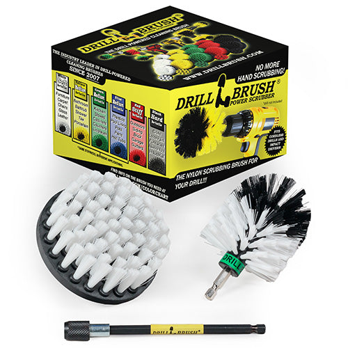 Mini & 4in White Brushes w/ 5in Extension - Soft Bristles - Home & Auto Cleaning | W-S-4M-5X-QC-DB