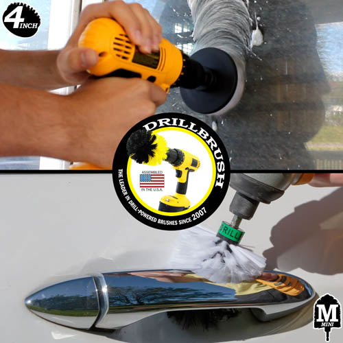 Action shots of a Soft White Mini Drillbrush cleaning a car door handle and a Soft White 4 inch Drillbrush cleaning a window.