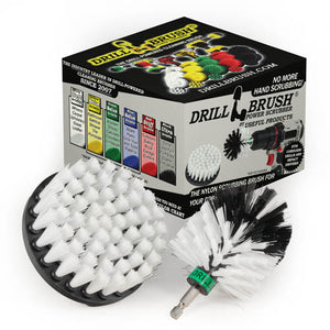 The Drillbrush 4M Soft White Home & Auto Brush Kit in front of the box it comes in.