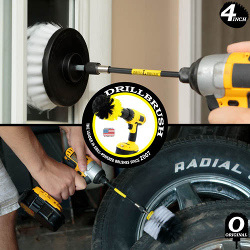 Action shots of a Soft White Original brush in a 5 inch extension cleaning a tire and a Soft White 4 inch Drillbrush in a 5 inch extension cleaning a mirror.