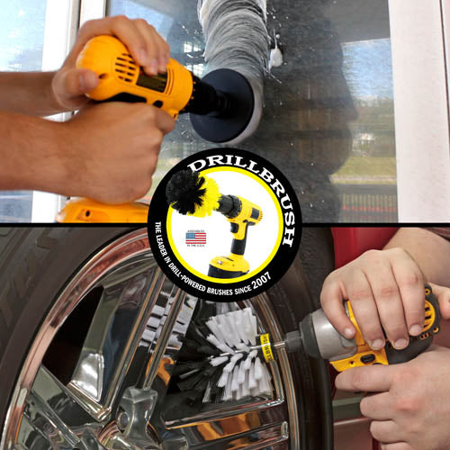Action shots of a Soft White Original brush cleaning rims and a Soft White 4 inch Drillbrush cleaning a window.