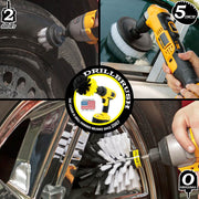 Action shots of a Soft White Original brush cleaning rims, a Soft White 2 inch Short Drillbrush cleaning a tire, and a Soft White 5 inch Drillbrush cleaning a boat window.