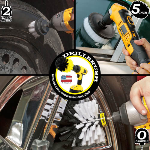 Action shots of a Soft White Original brush cleaning rims, a Soft White 2 inch Short Drillbrush cleaning a tire, and a Soft White 5 inch Drillbrush cleaning a boat window.