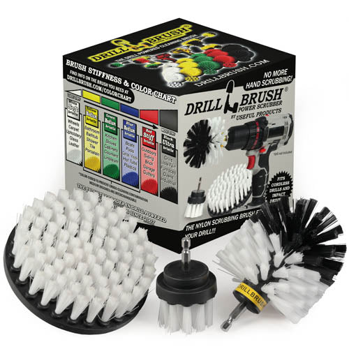The Drillbrush 52O Soft White Home & Auto Brush Kit in front of the box it comes in.