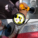 Action shots of a Soft White 2 inch Short Drillbrush cleaning a tire, a Soft White 4 inch Drillbrush cleaning a window, and a Soft White 5 inch Drillbrush cleaning a tail light.