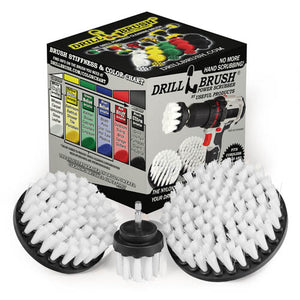 The Drillbrush 542 Soft White Home & Auto Brush Kit in front of the box it comes in.