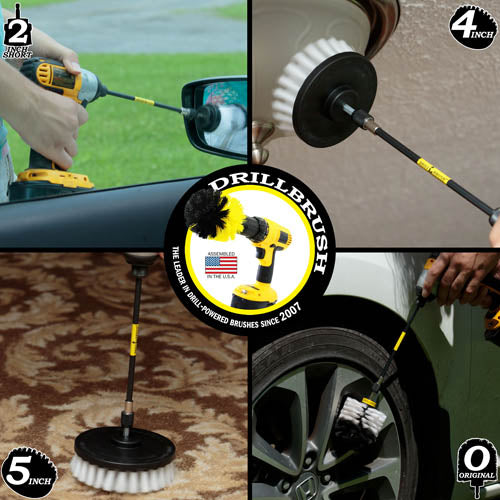 Action shots of a Soft White Original brush in a 7 inch extension cleaning rims, a Soft White 2 inch Short Drillbrush in a 7 inch extension cleaning a side mirror, a Soft White 4 inch Drillbrush in a 7 inch extension cleaning an overhead light, and a Soft White 5 inch Drillbrush in a 7 inch extension cleaning a carpet.