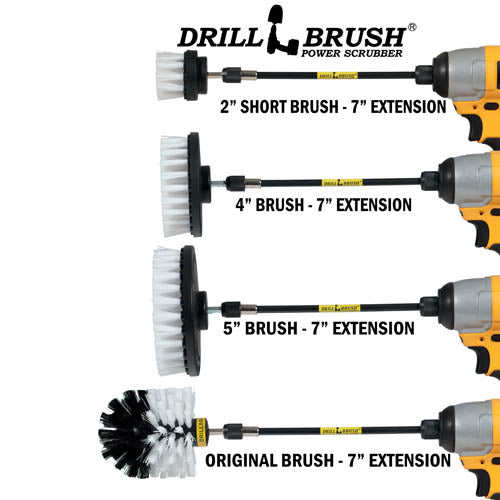 Images of the Drillbrush 2 inch Short, 4 inch, 5 inch, and Original Soft White Home & Auto Brushes in 7 inch extension in cordless drills.