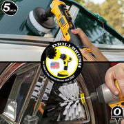 Action shots of a Soft White Original brush cleaning rims and a Soft White 5 inch Drillbrush cleaning a boat window.