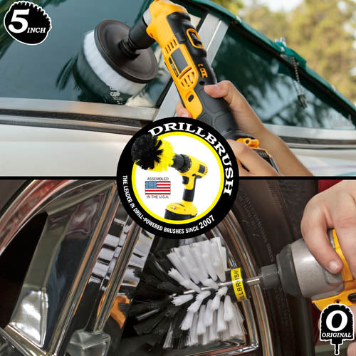 Action shots of a Soft White Original brush cleaning rims and a Soft White 5 inch Drillbrush cleaning a boat window.