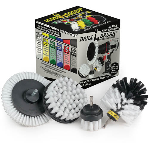 The Drillbrush E42O Soft White Home & Auto Brush Kit in front of the box it comes in.