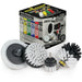 The Drillbrush E42O Soft White Home & Auto Brush Kit in front of the box it comes in.