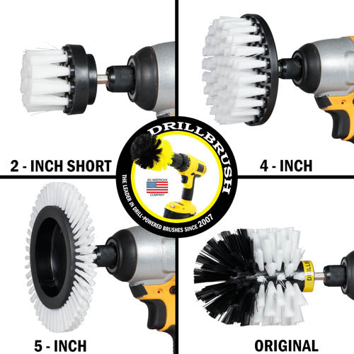 Images of the Drillbrush 2 inch Short, 4 inch, Edge, and Original Soft White Home & Auto Brushes in cordless drills.
