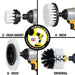 Images of the Drillbrush 2 inch Short, 4 inch, Edge, and Original Soft White Home & Auto Brushes in cordless drills.