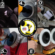Action shots of a Soft White Original Jumbo brush cleaning rims, a Soft White 2 inch Short Drillbrush cleaning rims, a Soft White Edge Drillbrush cleaning a mirror, a Soft White 4 inch Drillbrush cleaning a window, and a Soft White 5 inch Drillbrush cleaning a tail light.