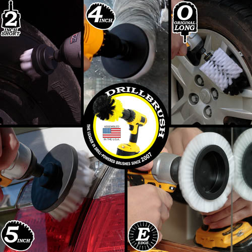 Action shots of a Soft White Original Jumbo brush cleaning rims, a Soft White 2 inch Short Drillbrush cleaning rims, a Soft White Edge Drillbrush cleaning a mirror, a Soft White 4 inch Drillbrush cleaning a window, and a Soft White 5 inch Drillbrush cleaning a tail light.