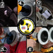 Action shots of a Soft White Original Jumbo brush cleaning rims, a Soft White 2 inch Short Drillbrush cleaning rims, a Soft White Edge Drillbrush cleaning a mirror, a Soft White 4 inch Drillbrush cleaning a window, and a Soft White 5 inch Drillbrush cleaning a tail light.