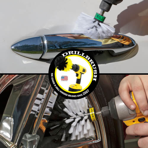 Action shots of a Soft White Original brush cleaning rims and a Soft White Mini Drillbrush cleaning a door handle.