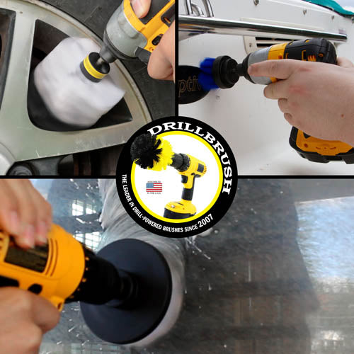 Action shots of a Soft White Original brush cleaning rims, a Medium Blue 2 inch Short Drillbrush cleaning a boat's stern, and a Soft White 4 inch Drillbrush cleaning a window.