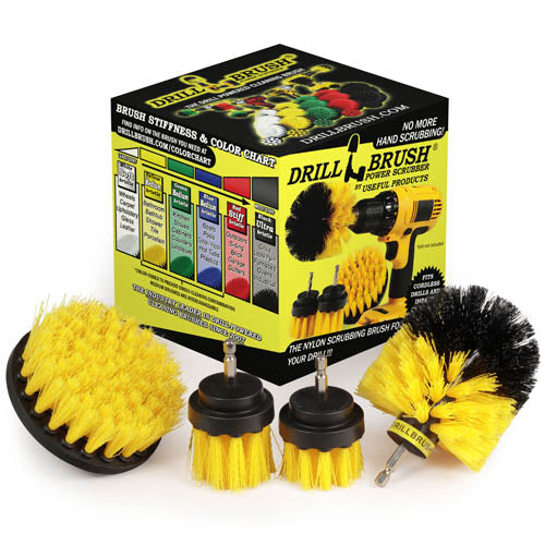 The Drillbrush 42OS-2L Medium Yellow Bathroom Brush Kit in front of the box it comes in.