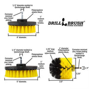 Specs for the Drillbrush 4 inch, 5 inch, and Original Medium Yellow Bathroom Brushes.