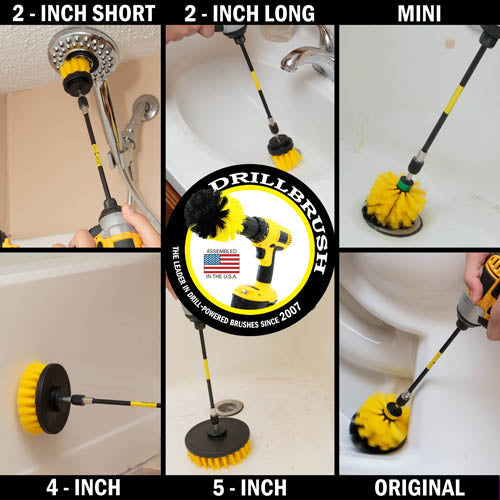 Action shots of a Medium Yellow Original brush in a 7 inch extension cleaning the base of a toilet, a Medium Yellow 2 inch Short brush in a 7 inch extension cleaning a showerhead, a Medium Yellow 2 inch Long brush in a 7 inch extension cleaning a sink, a Medium Yellow Mini brush in a 7 inch extension cleaning a tub drain, a Medium Yellow 4 inch brush in a 7 inch extension cleaning the outside of a bathtub, and a Medium Yellow 5 inch brush in a 7 inch extension cleaning a bathtub.