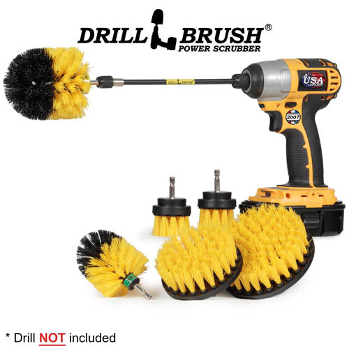 Drillbrush 542OMS-2L-7X Medium Yellow Bathroom Brush Kit with an Original brush in a 7 inch extension in a cordless drill.