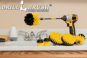 The Drillbrush 542OMS-2L-7X Medium Yellow Bathroom Brush Kit in a cordless drill sitting on a bathroom counter next to a sink and toiletries.