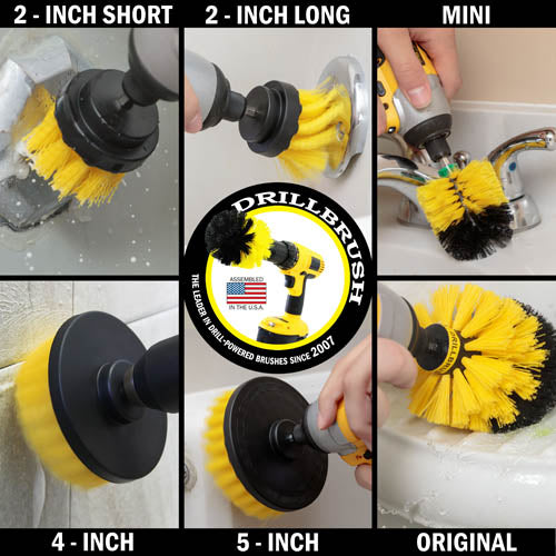 Action shots of a Medium Yellow Original brush cleaning a shower shelf, a Medium Yellow Mini Drillbrush cleaning a sink fixture, a Medium Yellow 2 inch Short and 2 inch Long brushes cleaning overflow plates, a Medium Yellow 4 inch Drillbrush cleaning tile grout, and a Medium Yellow 5 inch Drillbrush cleaning a tub wall.