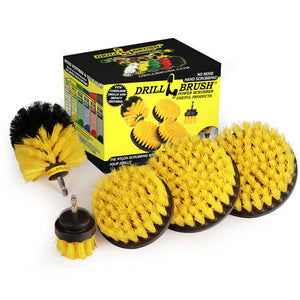 The Drillbrush 5542O Medium Yellow Bathroom Brush Kit in front of the box it comes in.