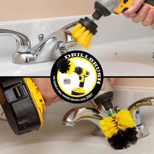 Action shots of a Medium Yellow 2 inch Long and Mini Drillbrush cleaning a sink fixture.