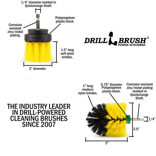 Specs for the Drillbrush MS-2L Medium Yellow Bathroom Brush Kit.