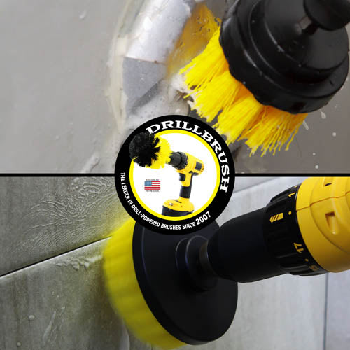 Action shots of a Medium Yellow 2 inch Short Drillbrush cleaning an overflow plate and a Medium Yellow 4 inch Drillbrush cleaning tile grout.